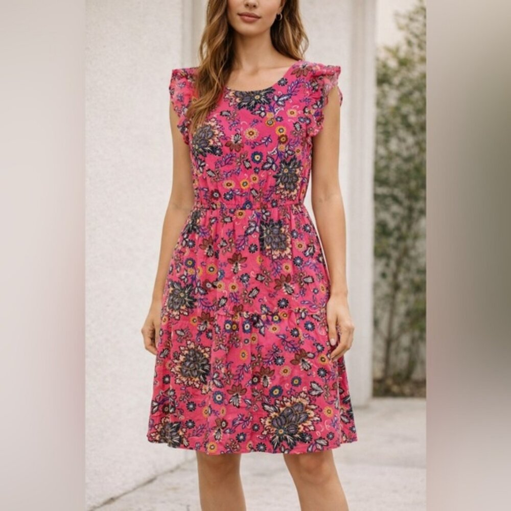 LOFT Pink Floral Ruffle Sleeve Knee Length Dress Tie Closure Lined Size M